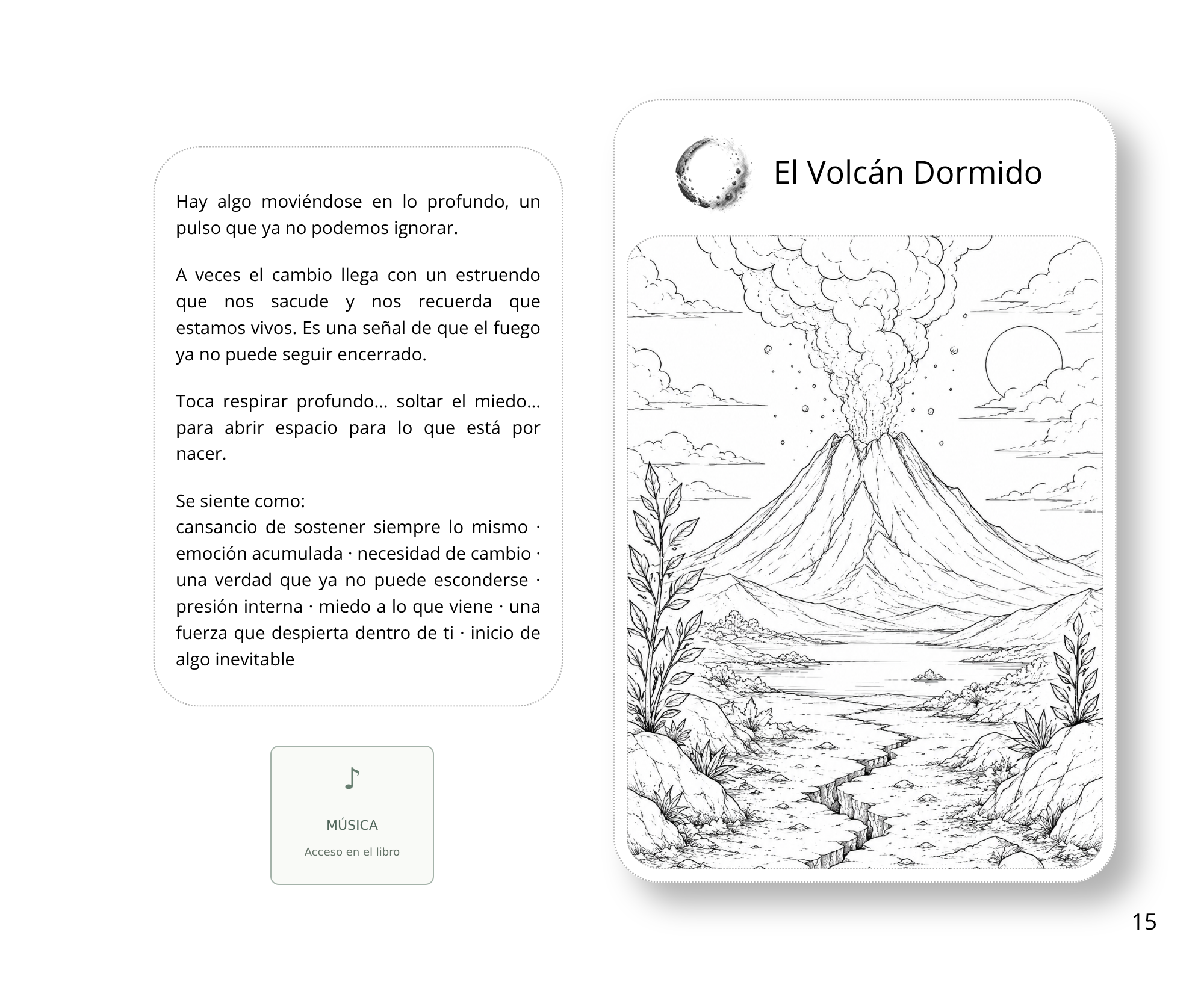 Página de muestra de Cenizas con texto e ilustración del Volcán Dormido; QR oculto en la muestra.
