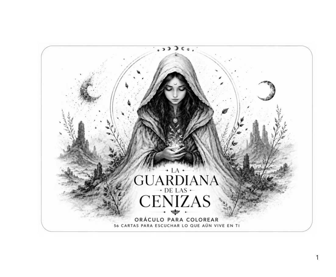 Portada en blanco y negro: la Guardiana con capucha, ojos cerrados y una luz entre sus manos, rodeada de lunas y paisaje.